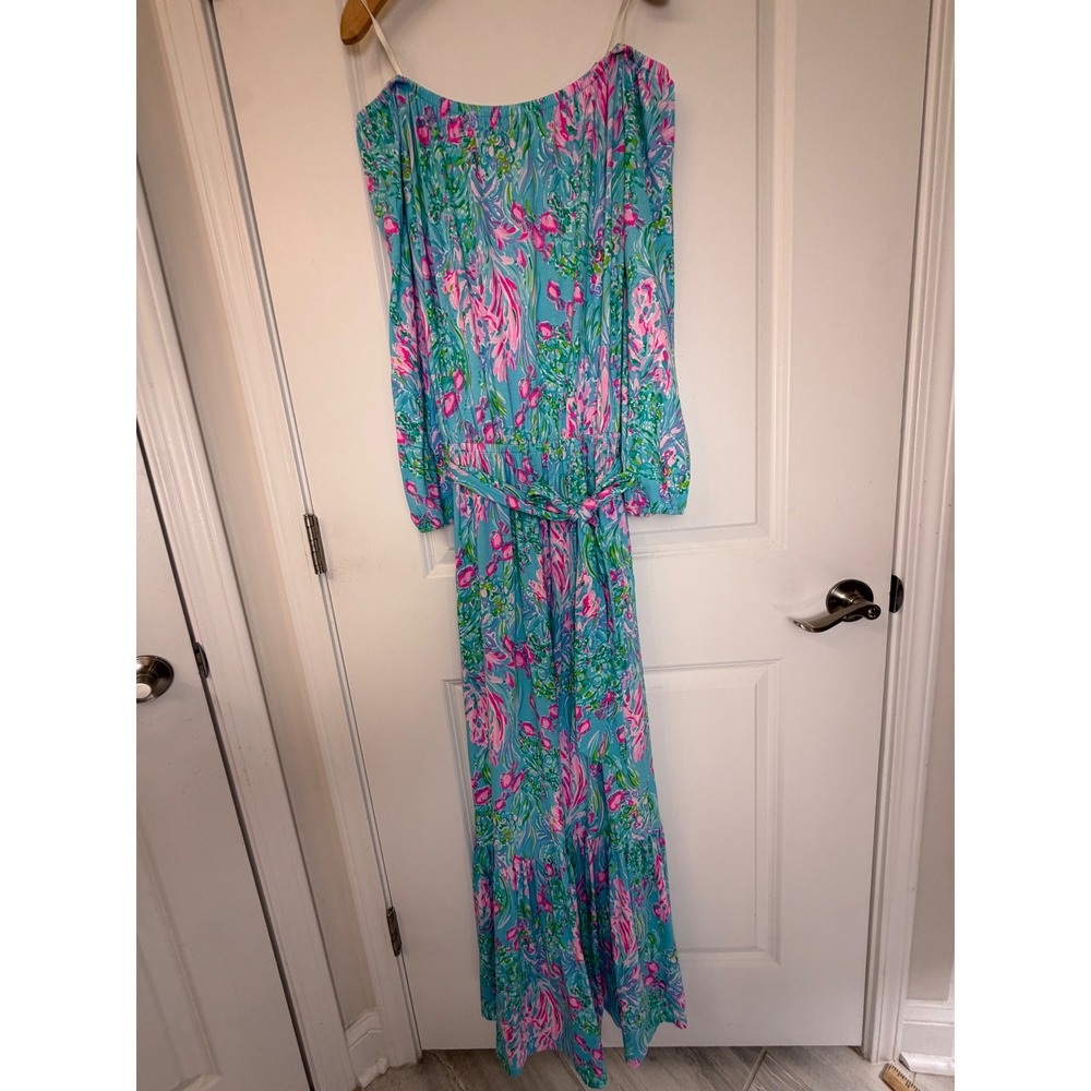 Lilly Pulitzer Blue Pink Floral Off Shoulder Maxi Dress XS Long Sleeve Belted